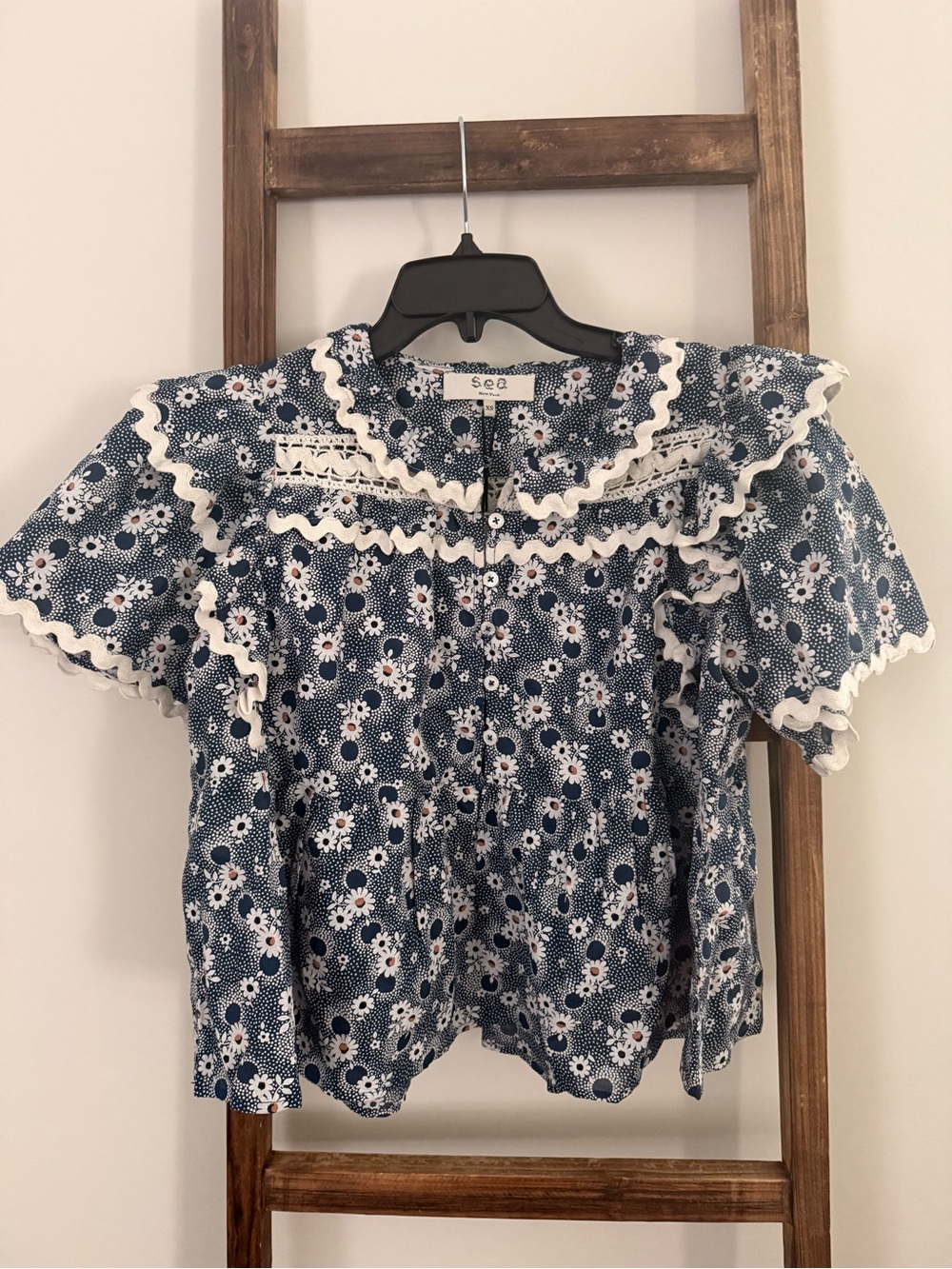 Sea Navy Floral Ruffle-Yoke Blouse with White Trim